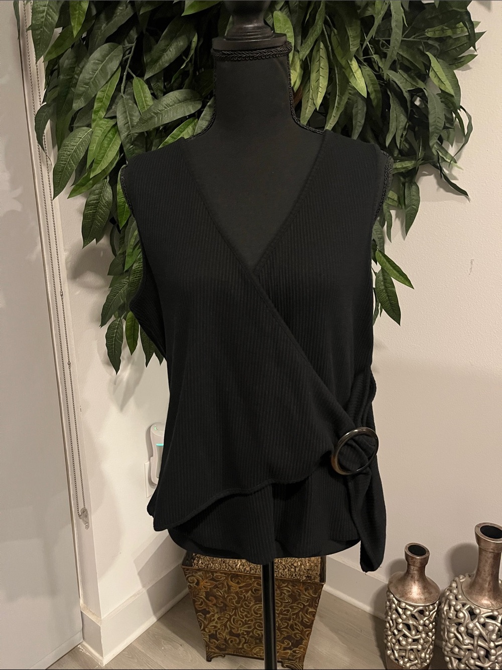 Who What Wear Black Sleeveless Wrap Top with Side Ring